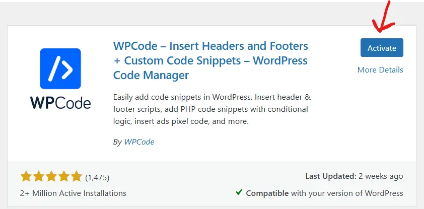 install and activate wpcode